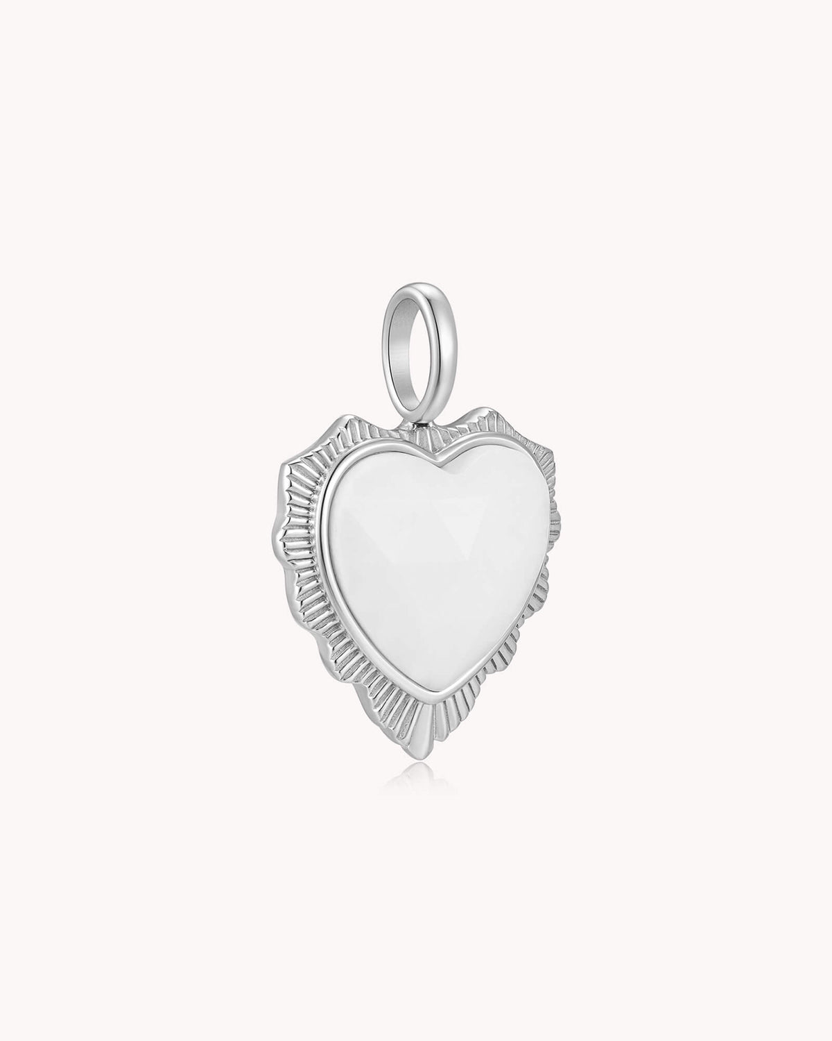 Angled view of The Greatest is Love 1 Corinthians 13:13 White Gold White Onyx Heart