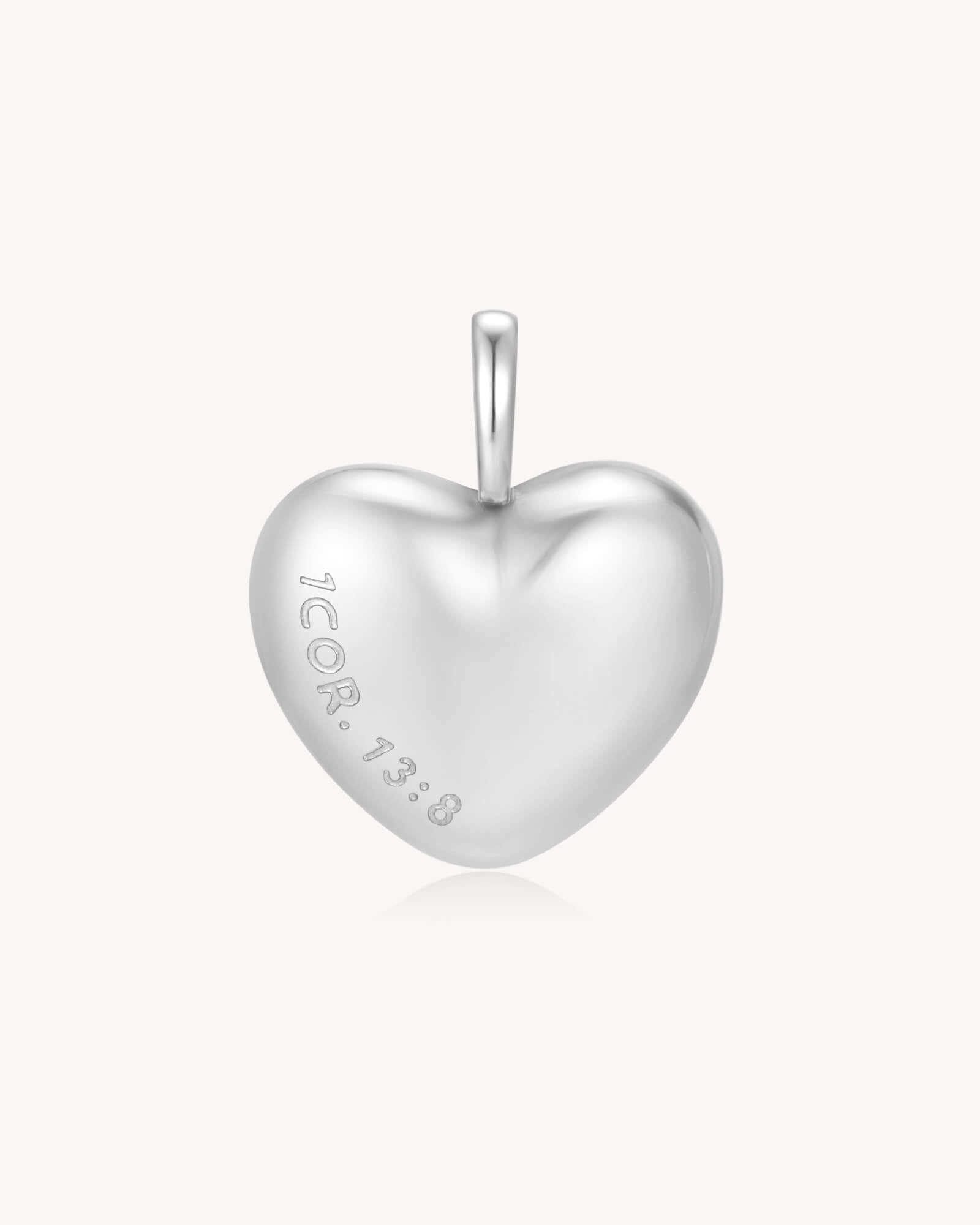 Love Never Fails 1 Corinthians 13:8 White Gold Heart Pendant