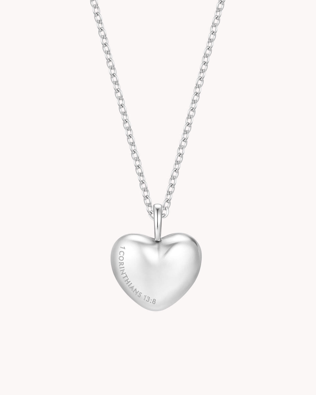 1 Corinthians 13:8 Love Never Fails White Gold Heart Necklace