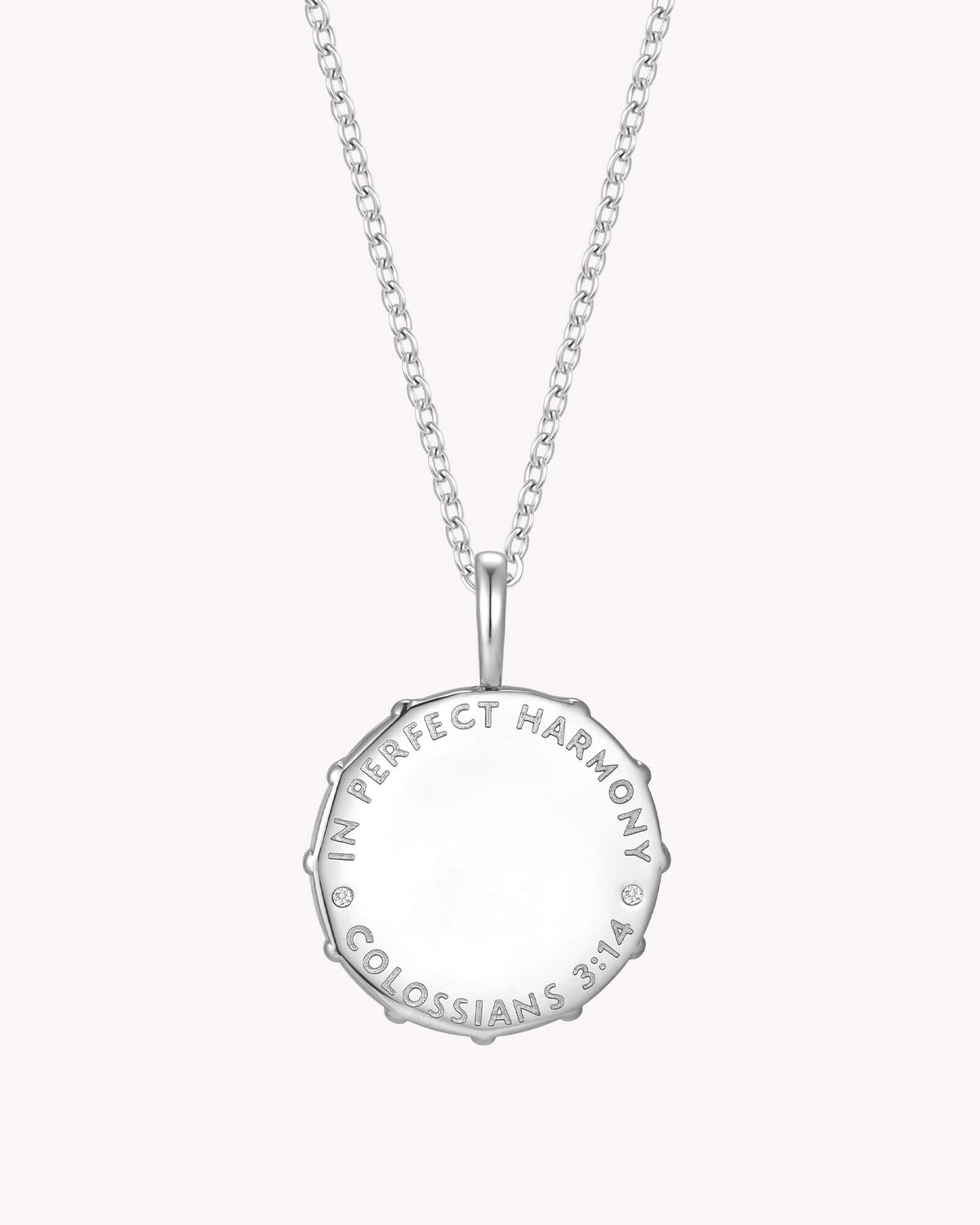 Back of Colossians 3:14 Love Binds White Gold Medallion Necklace