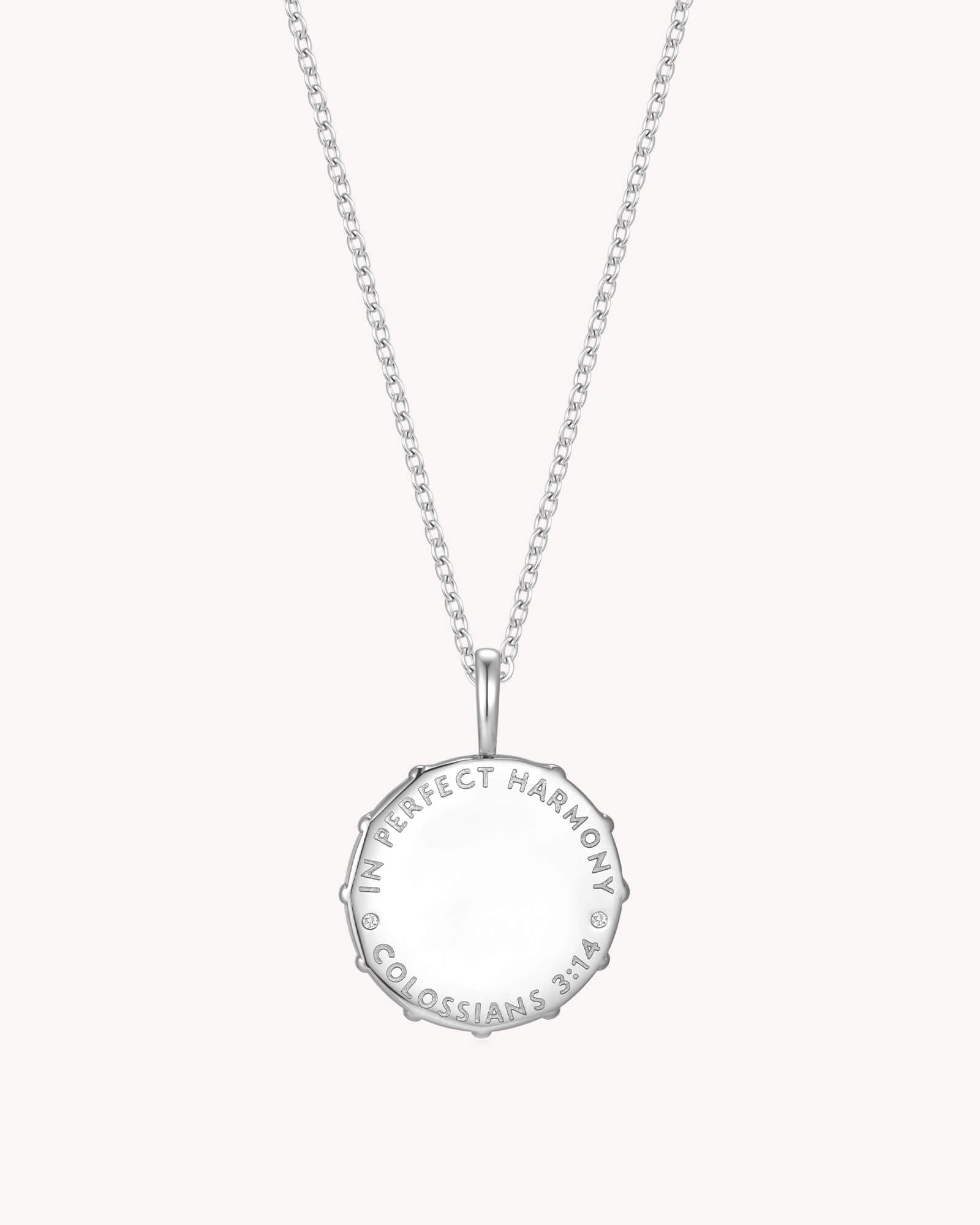 Back of Colossians 3:14 Love Binds White Gold Medallion Necklace