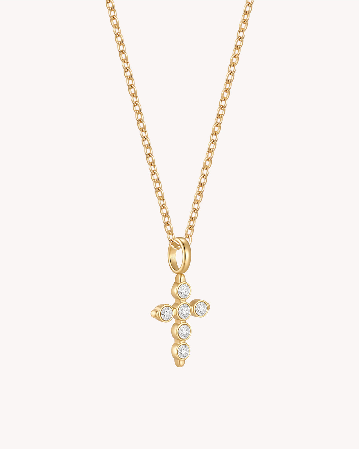 Angled view of Gold Cubic Zirconia Delicate Cross Pendant Necklace
