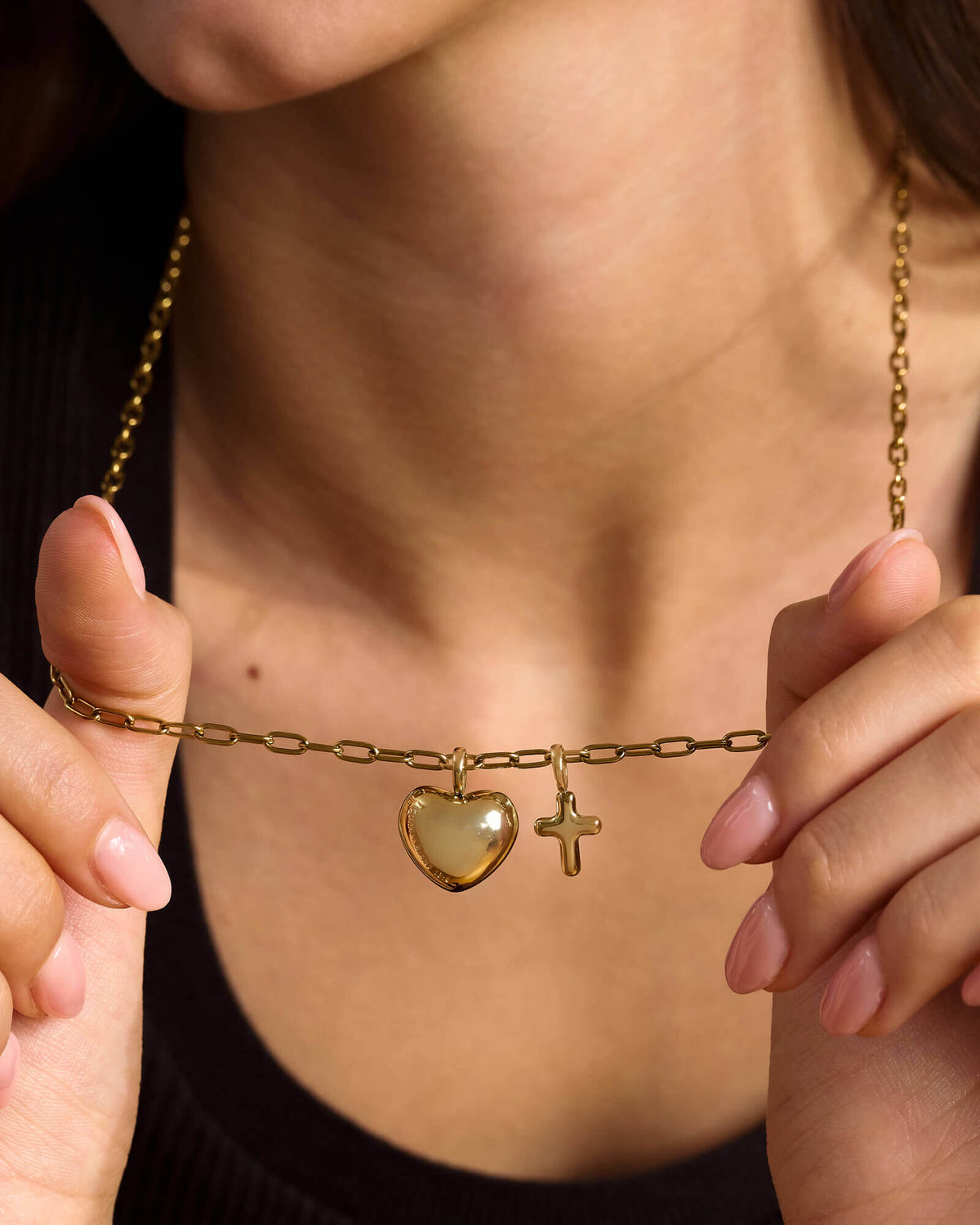 Modelled Gold Heart Pendant and Petite Puff Cross
