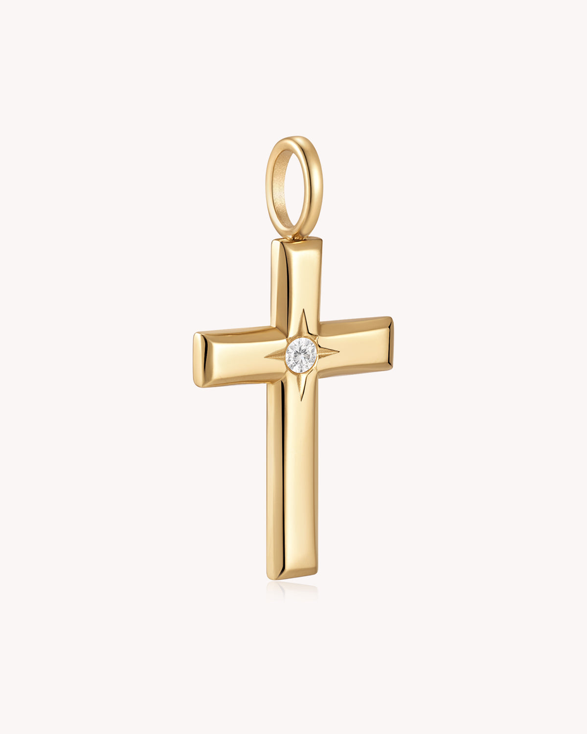 Angled view of The Bright Morning Star Large Gold Cross Pendant