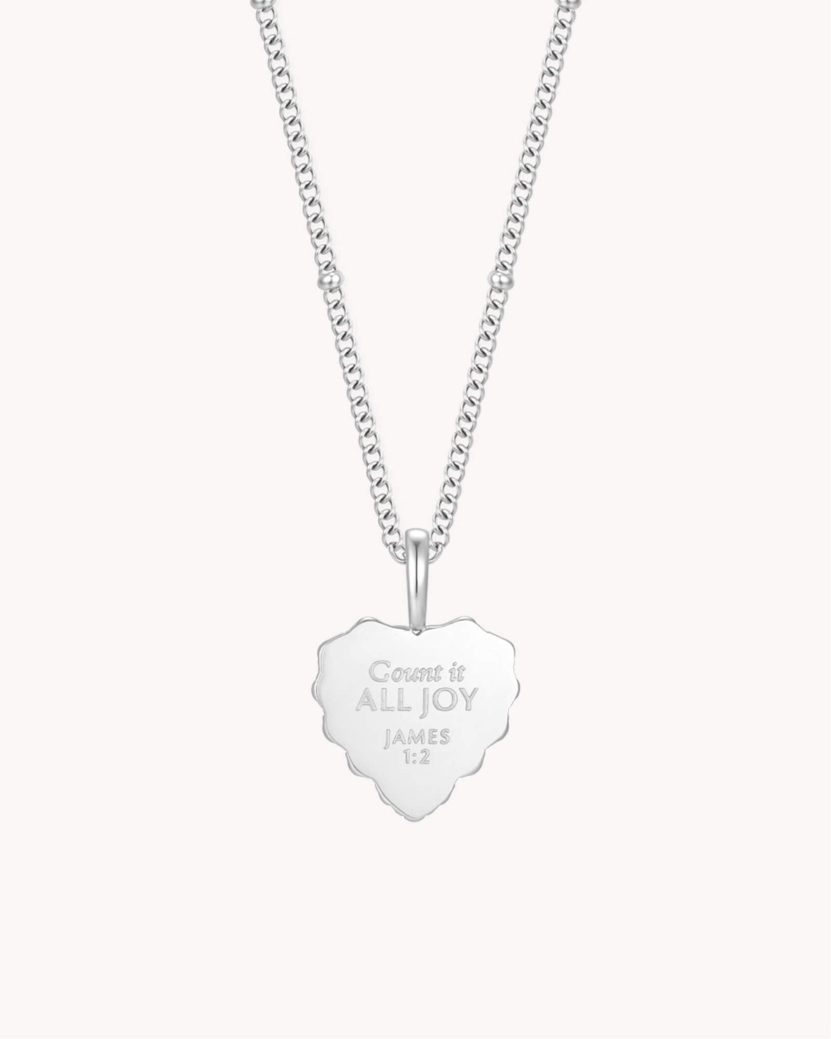 Back of James 1:2 Count It All Joy White Gold Heart Necklace