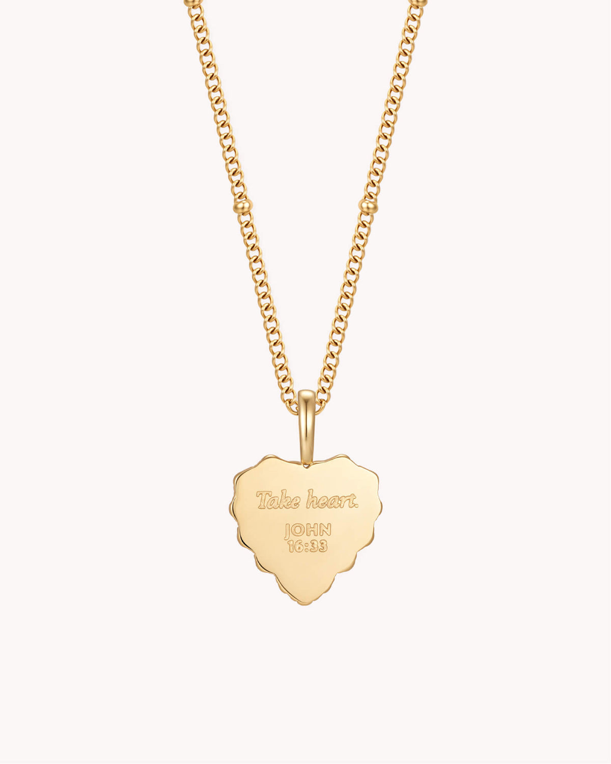 Back of John 16:33 Take Heart Gold Heart Necklace