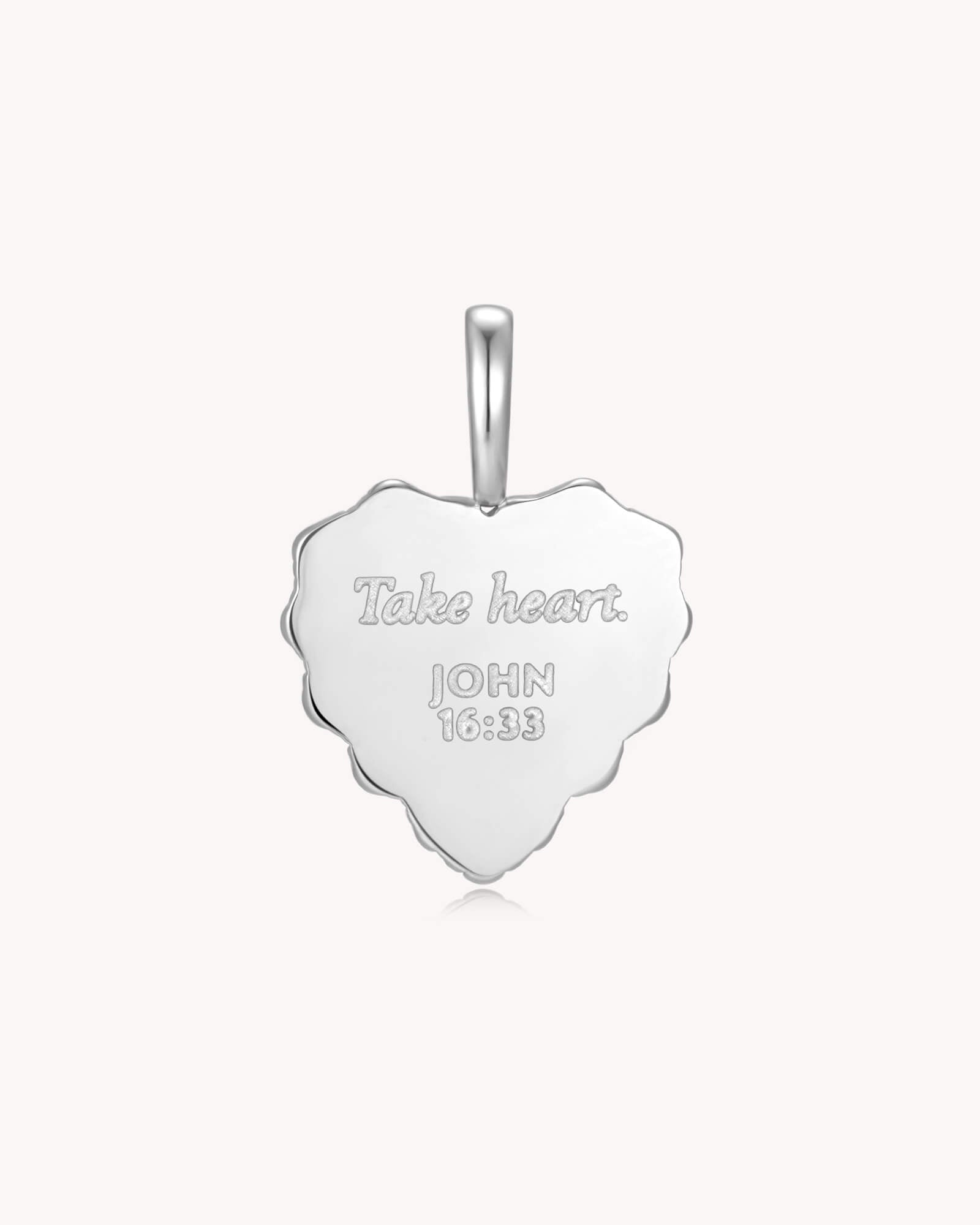 Back of Take Heart John 16:33 White Gold White Onyx Heart Pendant