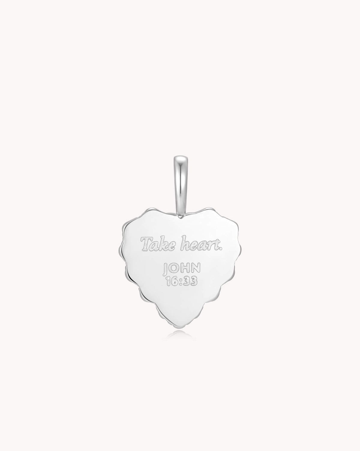 Back of Take Heart John 16:33 White Gold White Onyx Heart Pendant