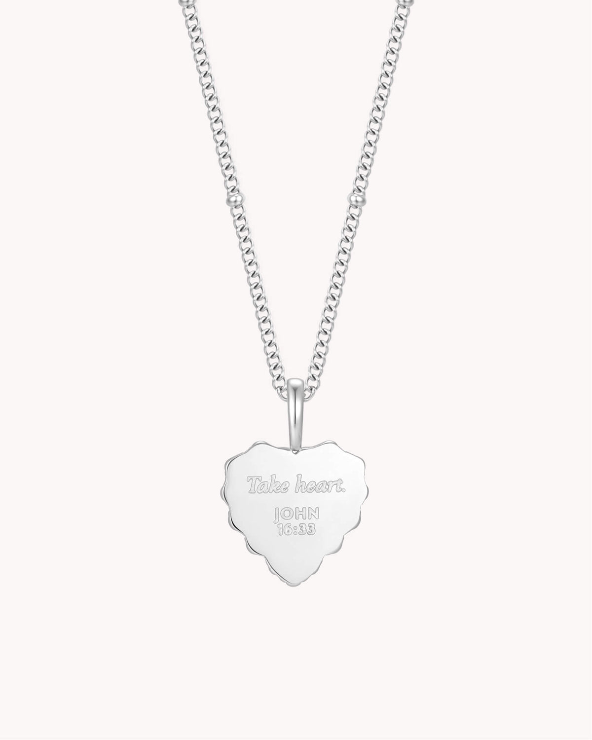 Back of John 16:33 Take Heart White Gold Heart Necklace