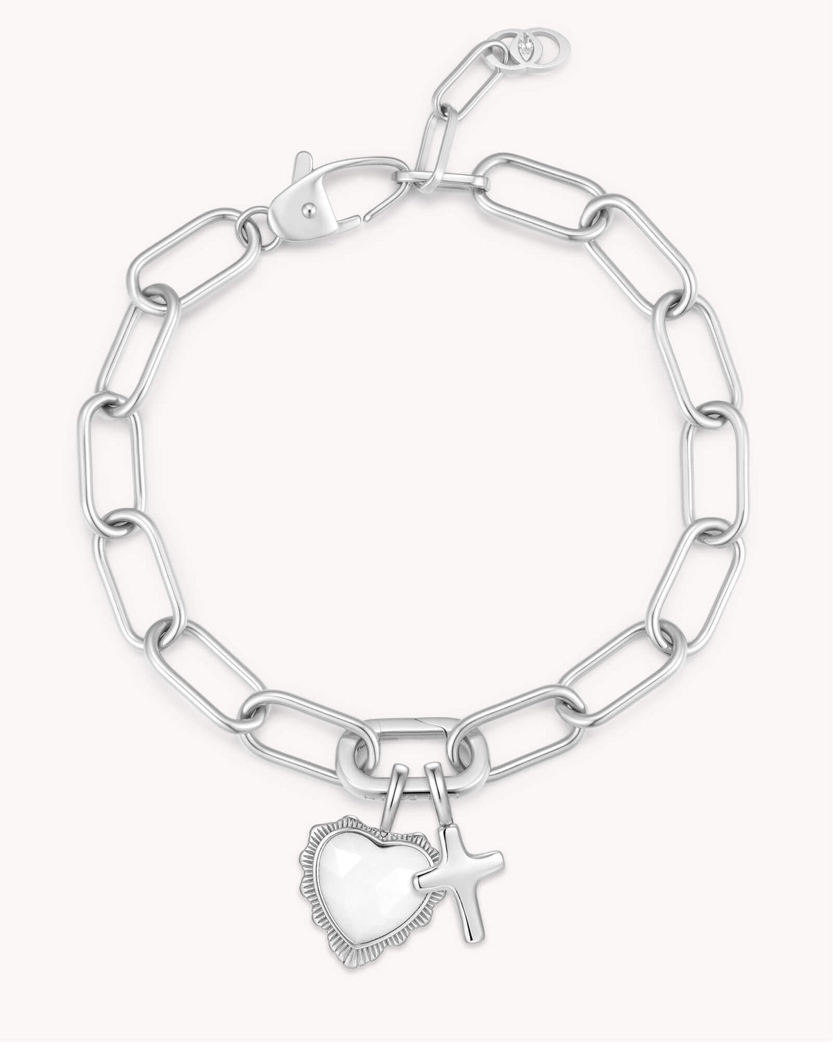 John 16:33 White Gold Heart Puff Cross Charm Bracelet