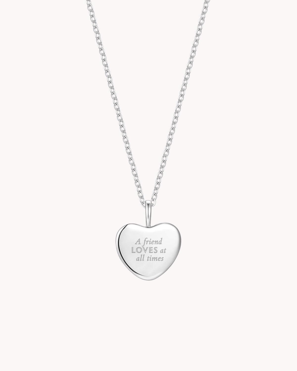 Back of Proverbs 17:17 A Friend Loves White Gold Heart Necklace