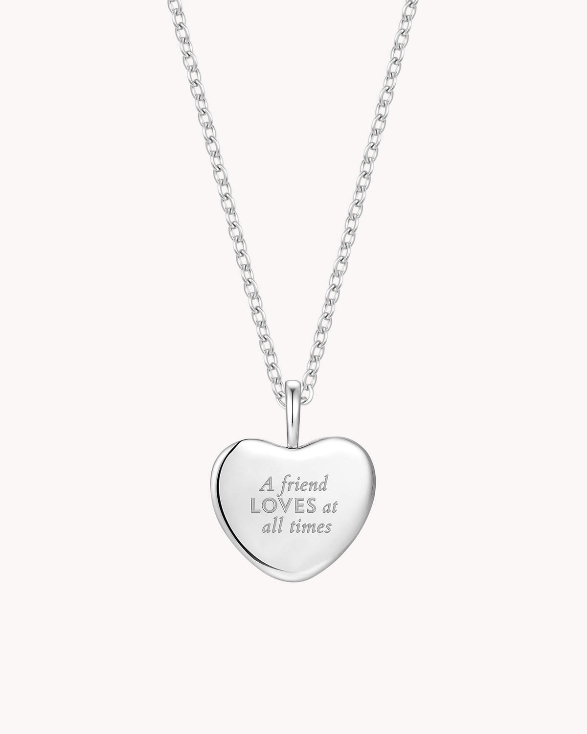 Back of Proverbs 17:17 A Friend Loves White Gold Heart Necklace