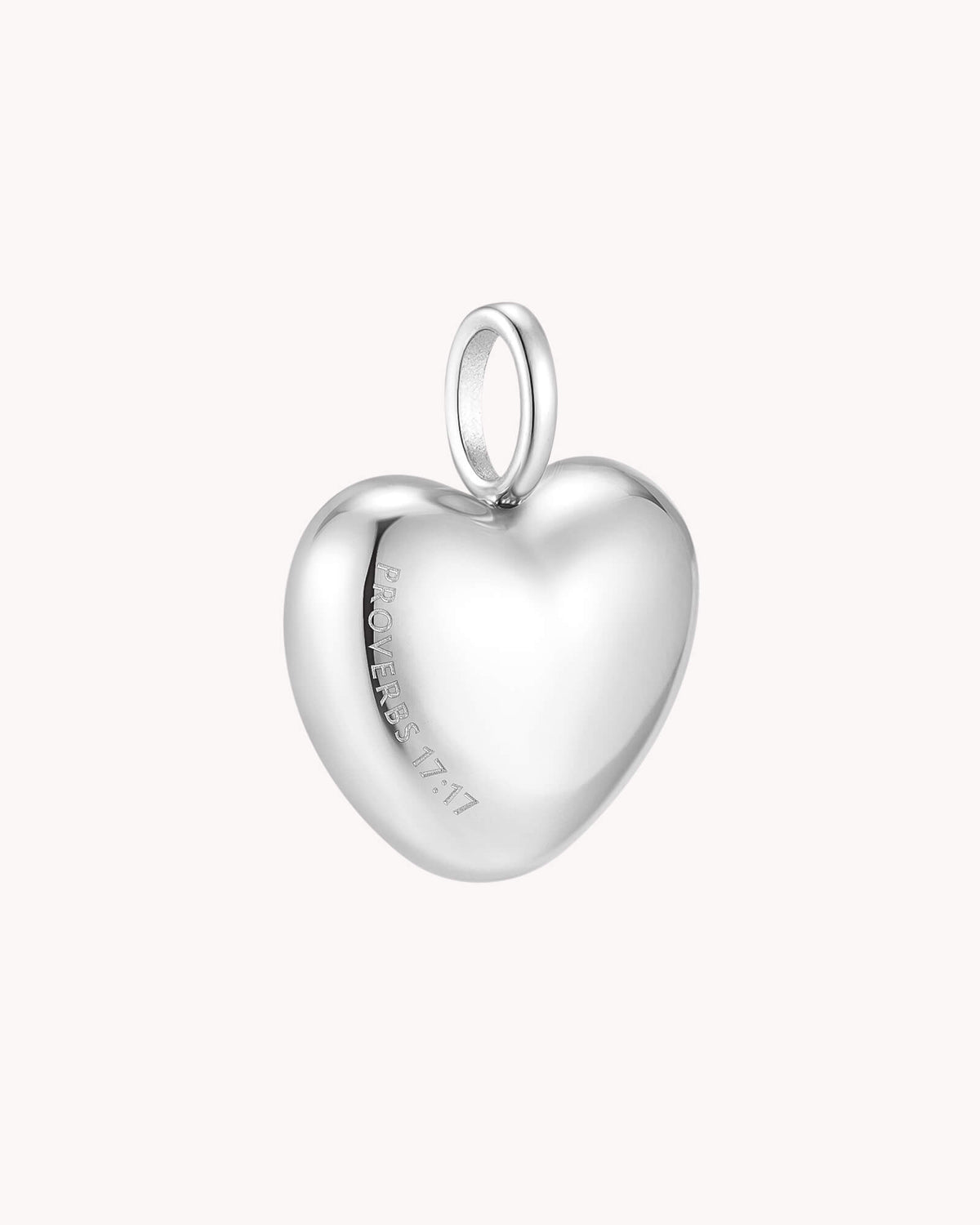 Angled view of A Friend Loves at All Times Proverbs 17:17 White Gold Heart Pendant