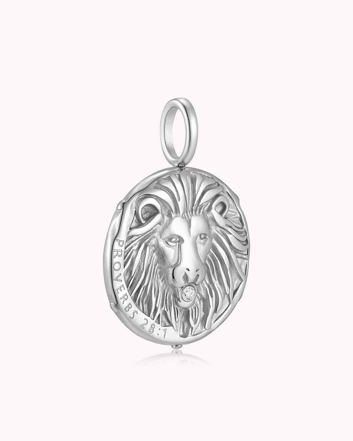 Angled view of Bold as a Lion Proverbs 28:1 Stainless Steel Onyx Medallion
