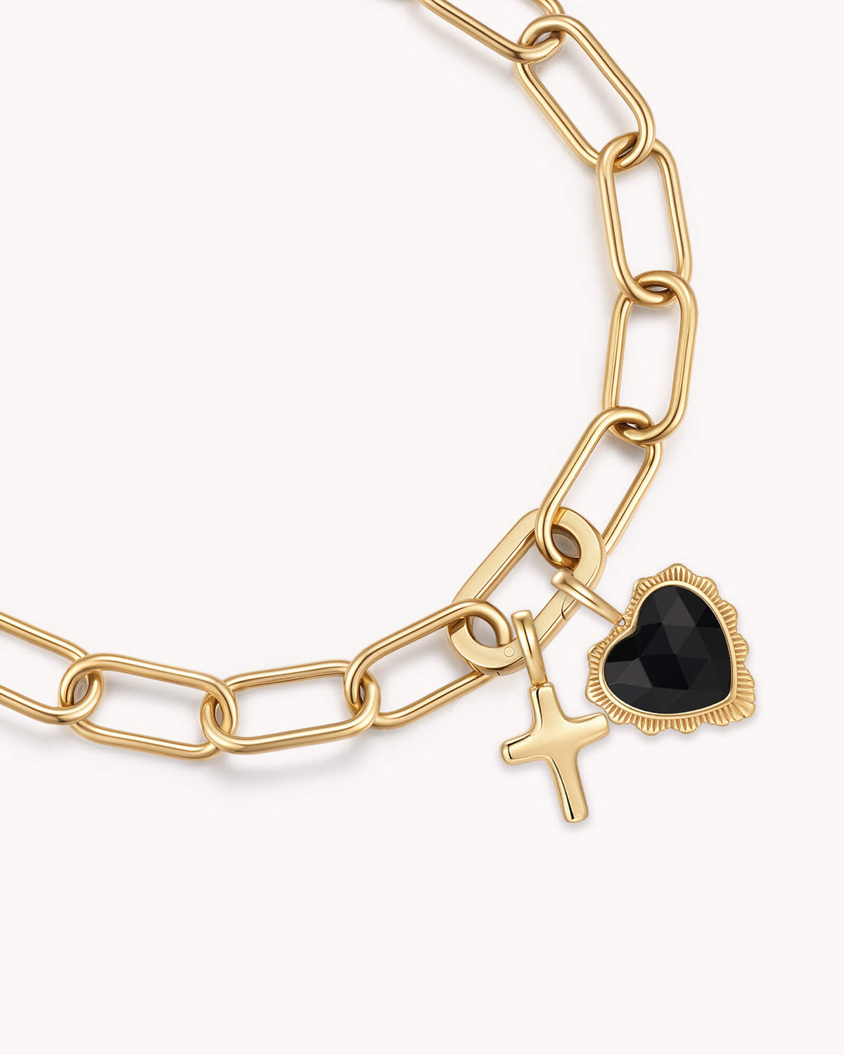 Close up of Proverbs 3:5-6 Gold Heart Puff Cross Charm Bracelet