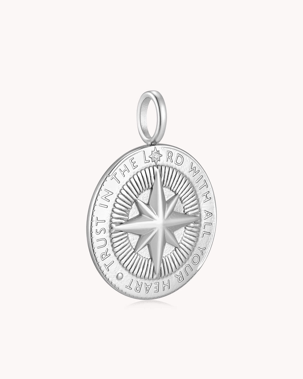 Angled view of Trust in The LORD Proverbs 3:5-6 Stainless Steel Medallion