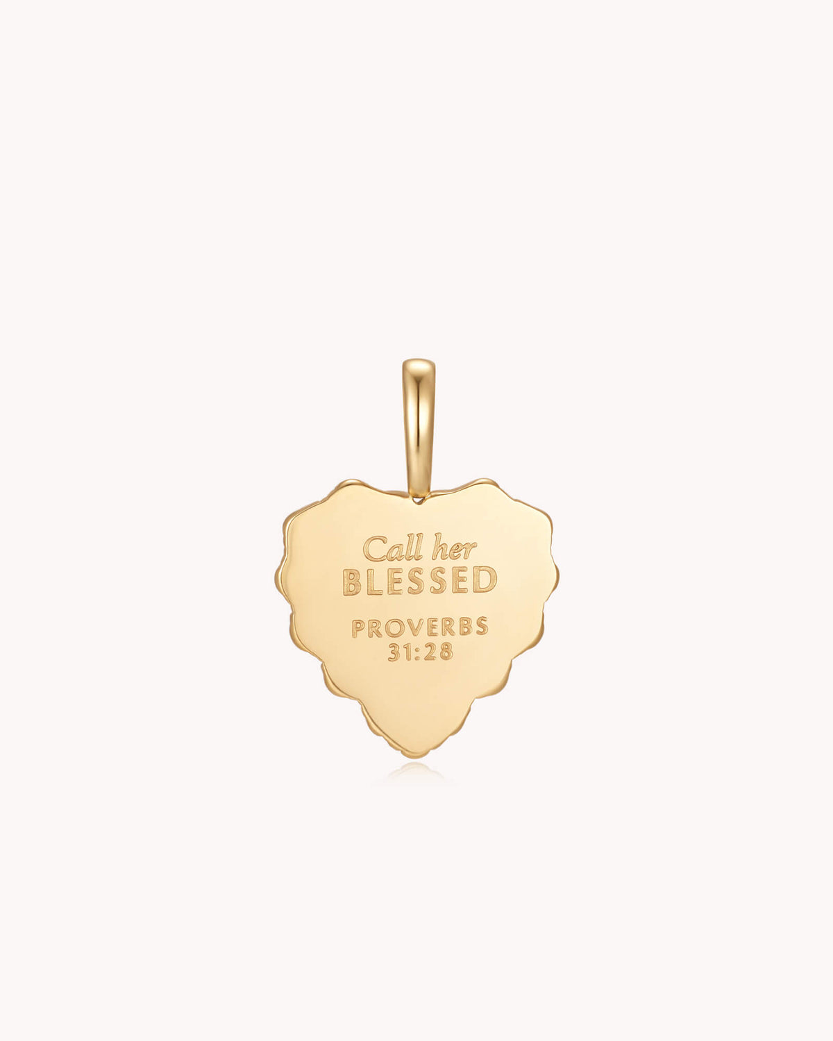 Back of Call Her Blessed Proverbs 31:28 Gold White Onyx Heart Pendant
