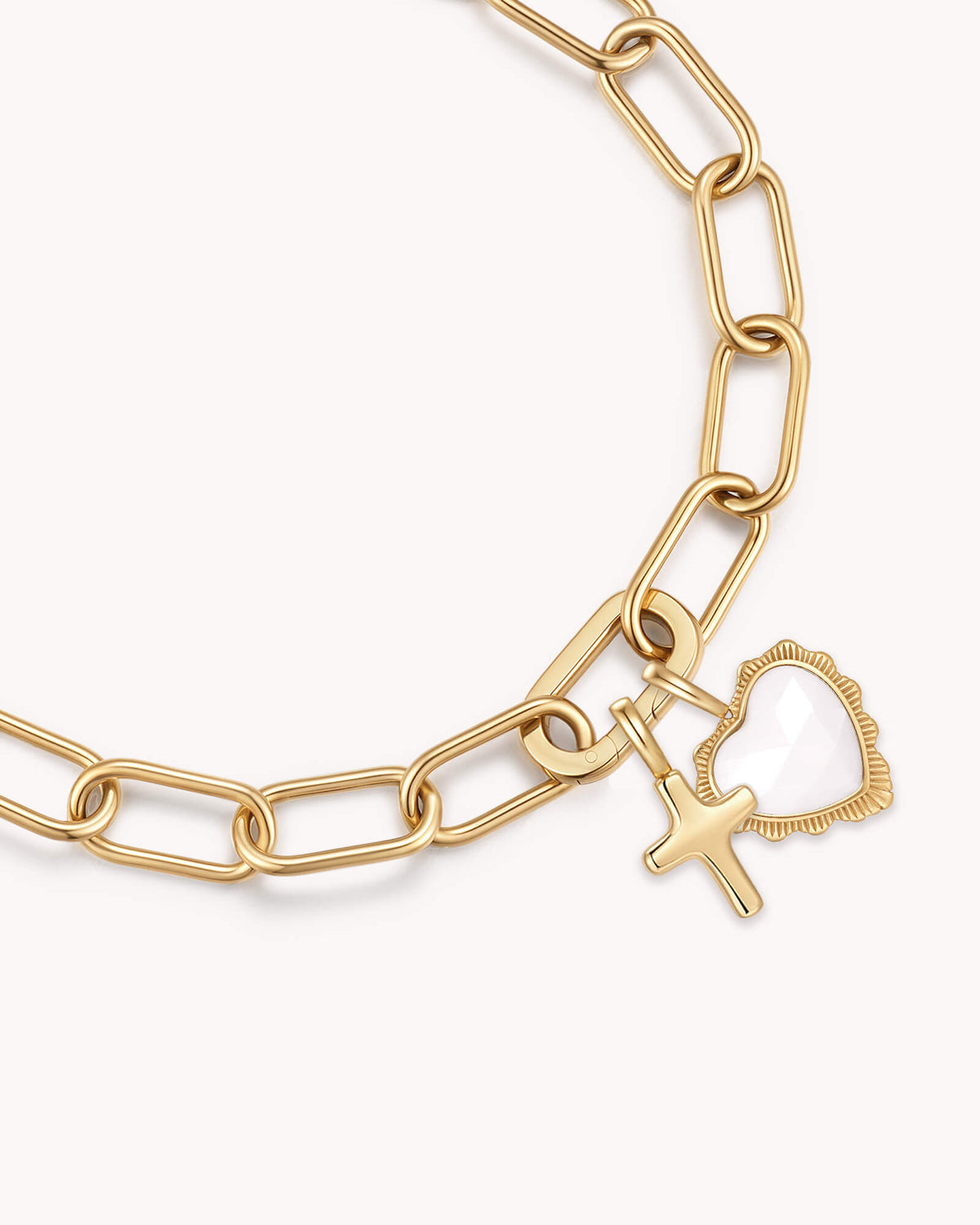 Close up of Proverbs 31:28 Blessed Gold Heart Puff Cross Charm Bracelet