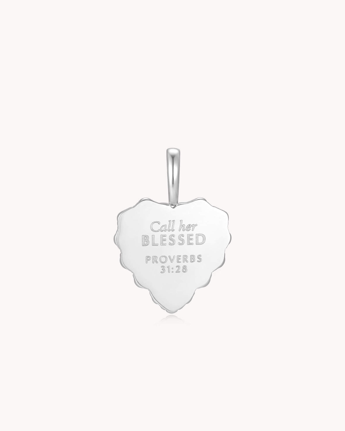 Back of Call Her Blessed Proverbs 31:28 White Gold White Onyx Heart Pendant
