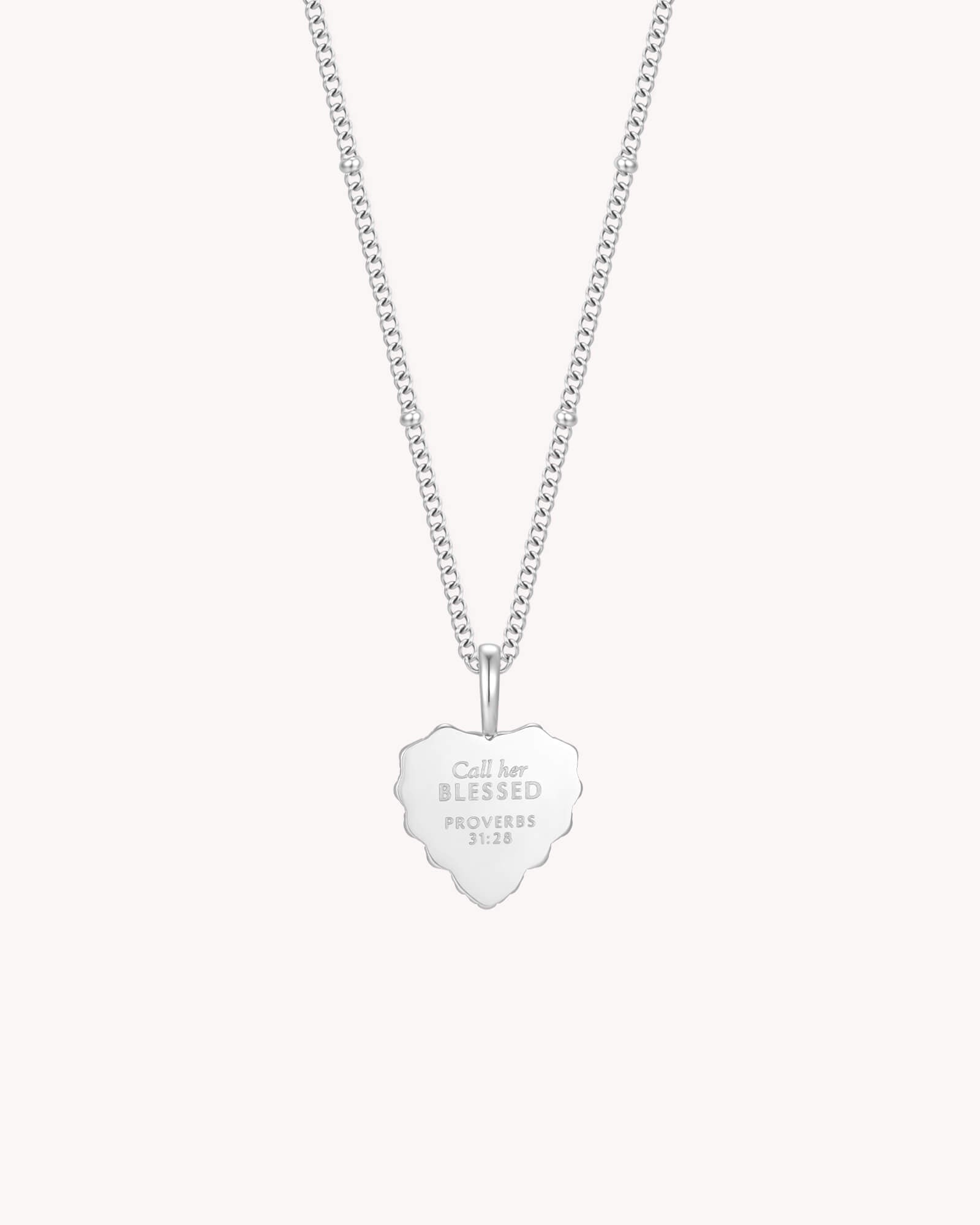 Back of Proverbs 31:28 Call Her Blessed White Gold Heart Necklace