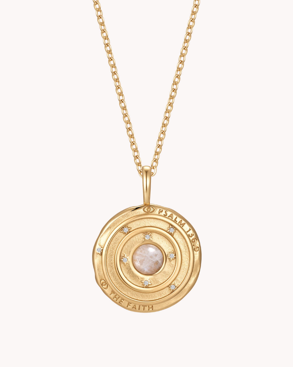 Back of Psalm 136:9 The Moon and Stars Gold Medallion Necklace