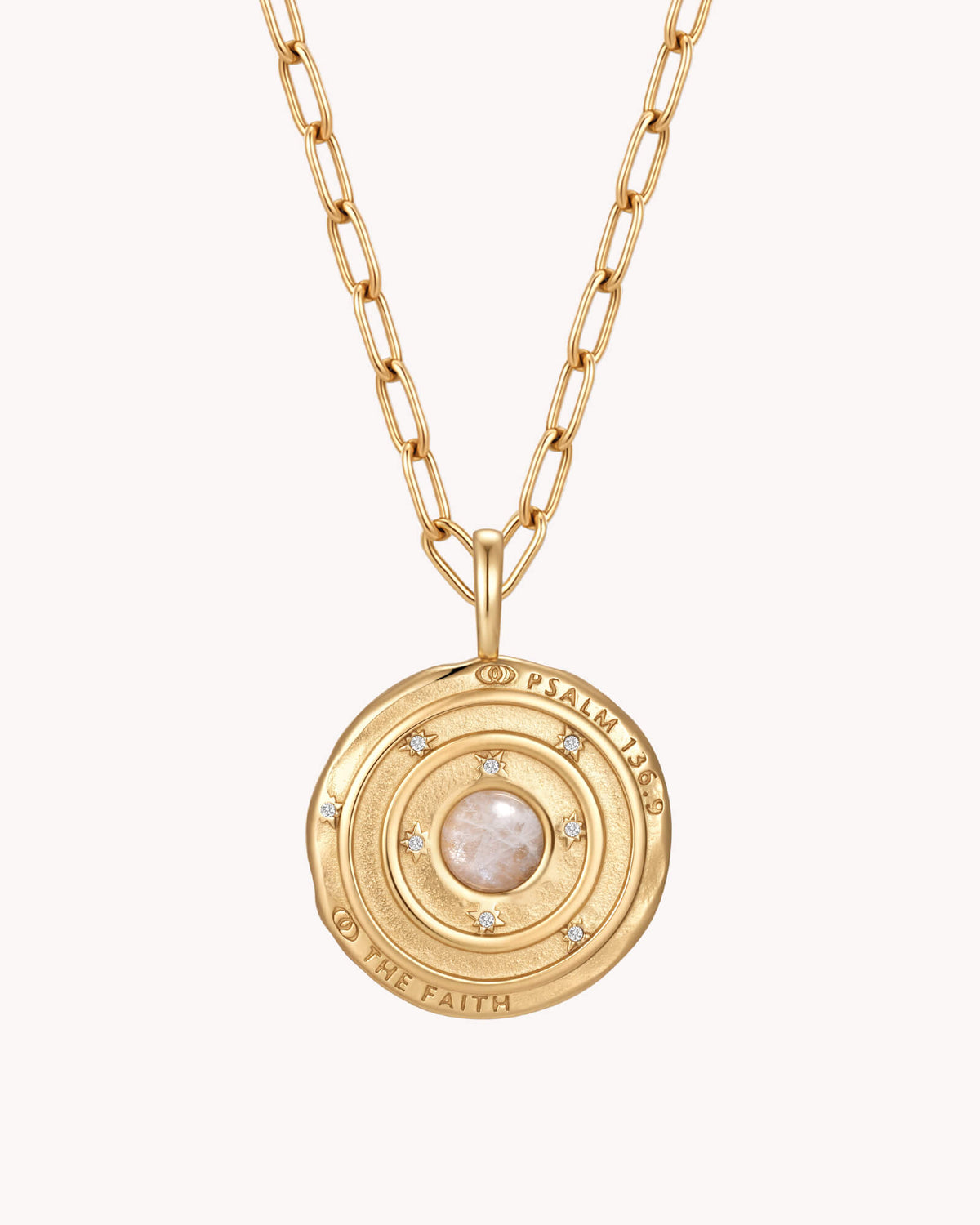 Back of Psalm 136:9 The Moon and Stars Gold Small Link Chain Necklace
