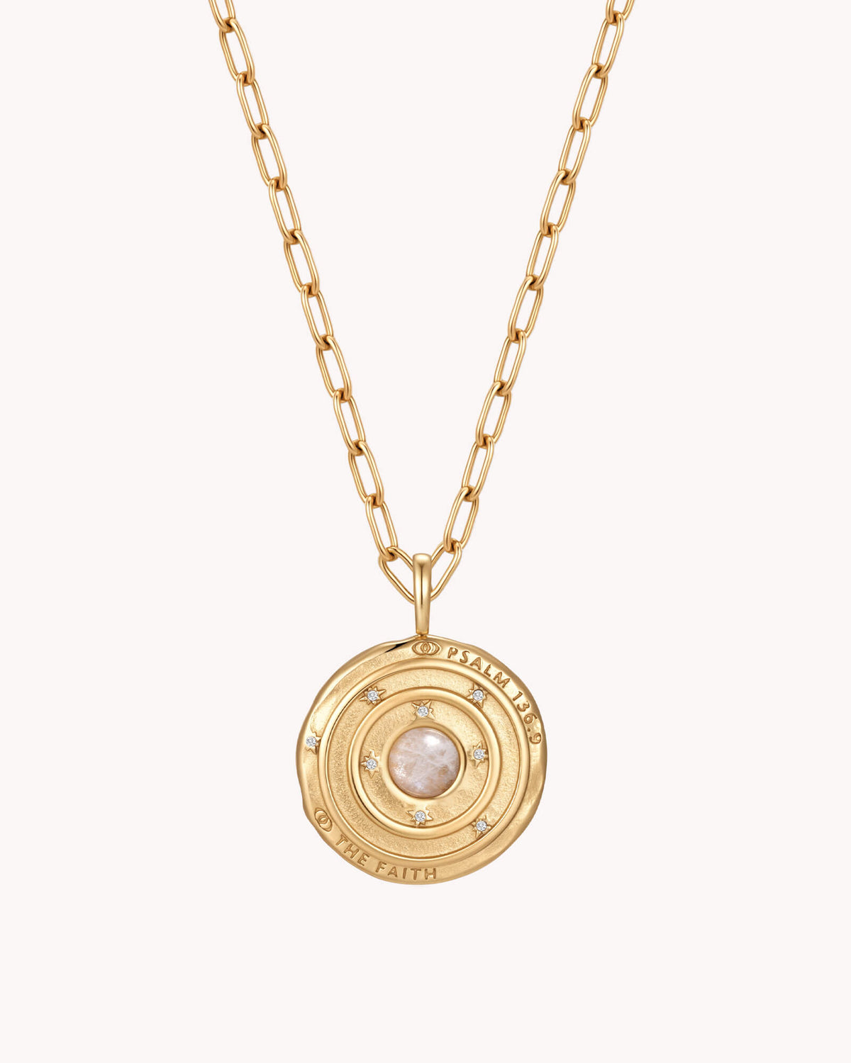 Back of Psalm 136:9 The Moon and Stars Gold Small Link Chain Necklace
