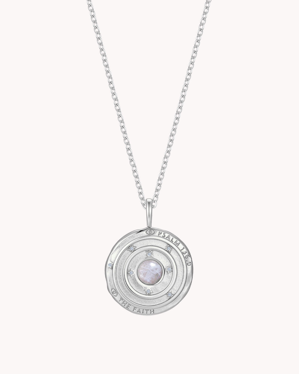 Back of Psalm 136:9 The Moon and Stars White Gold Cable Chain Necklace