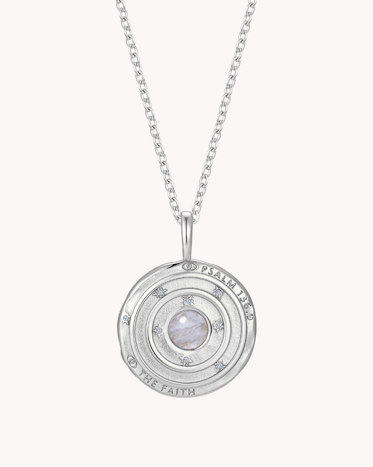 Back of Psalm 136:9 The Moon and Stars White Gold Cable Chain Necklace
