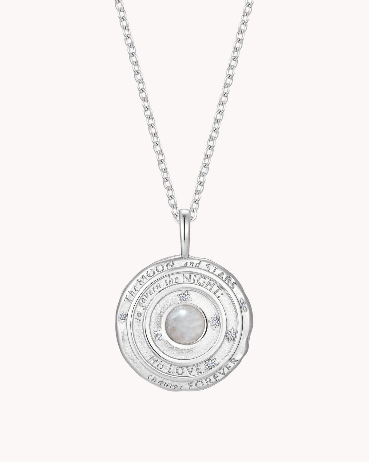 Psalm 136:9 The Moon and Stars White Gold Cable Chain Necklace