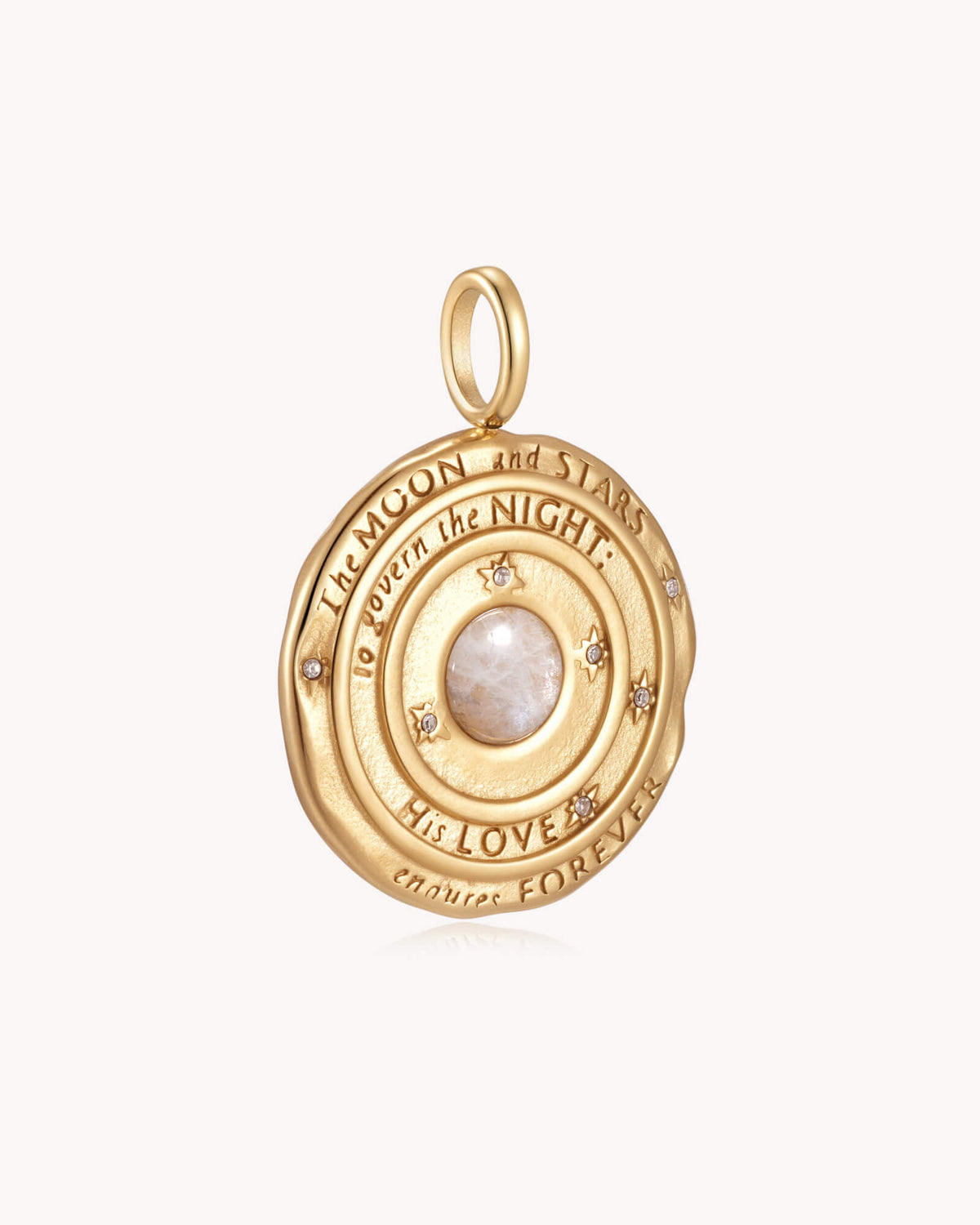 Angled view of The Moon and Stars Psalm 136:9 Gold Moonstone Medallion