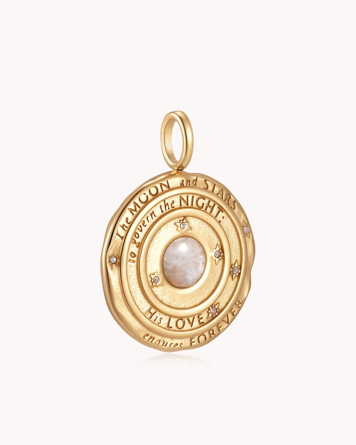 Angled view of The Moon and Stars Psalm 136:9 Gold Moonstone Medallion