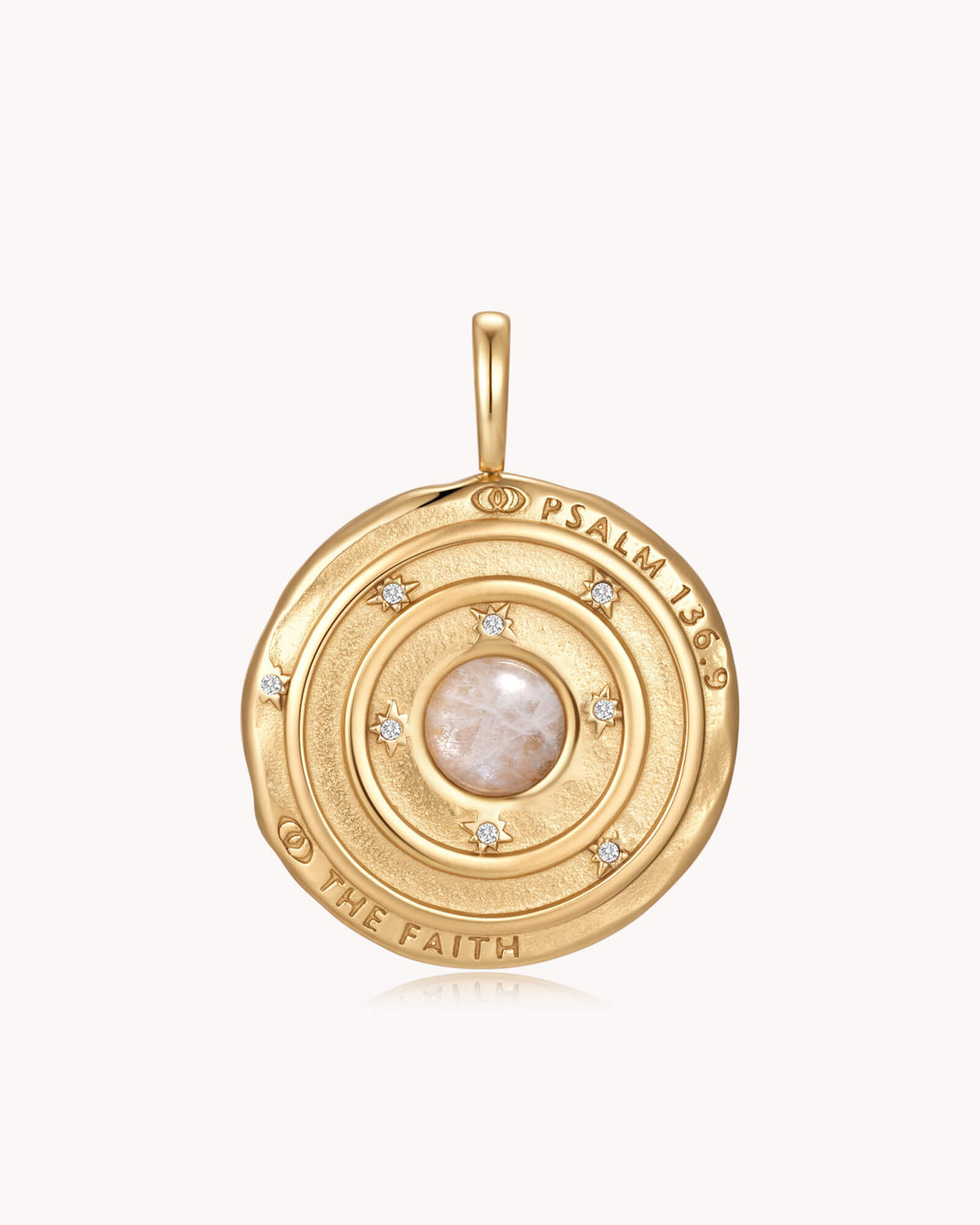 Back of The Moon and Stars Psalm 136:9 Gold Moonstone Medallion