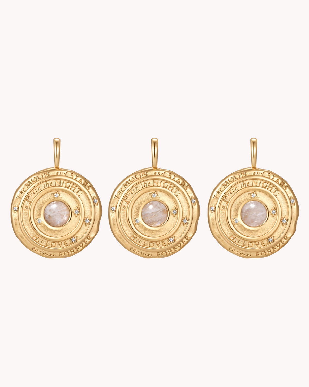 Natural stone variation on The Moon and Stars Psalm 136:9 Gold Moonstone Medallion