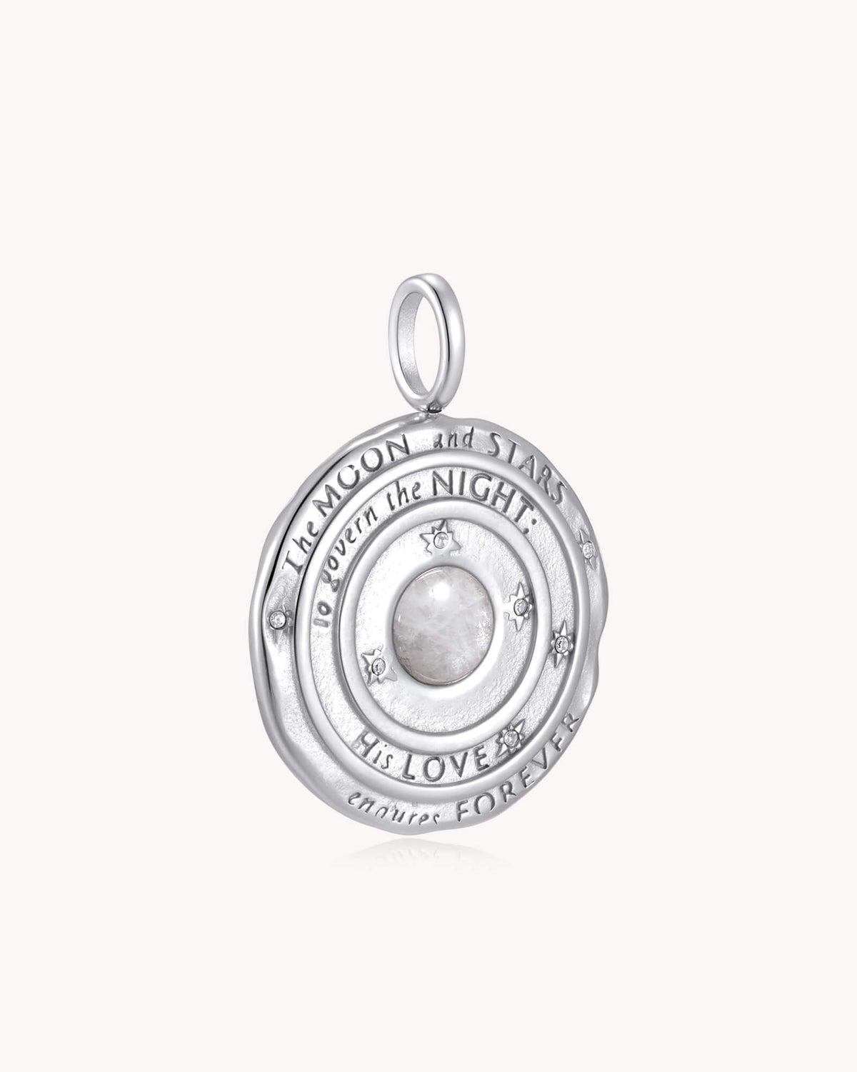 Angled view of The Moon and Stars Psalm 136:9 White Gold Moonstone Medallion