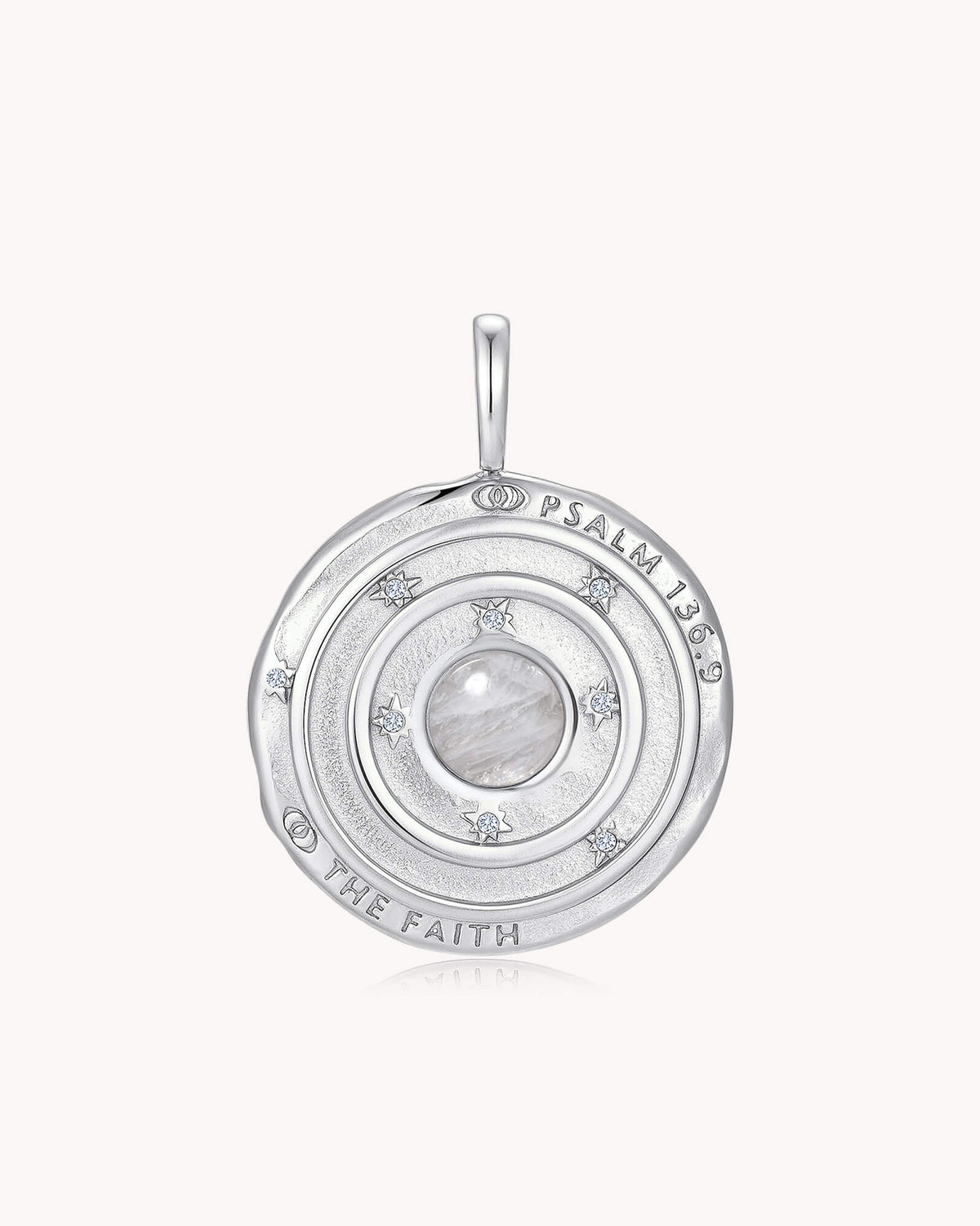 Back of The Moon and Stars Psalm 136:9 White Gold Moonstone Medallion