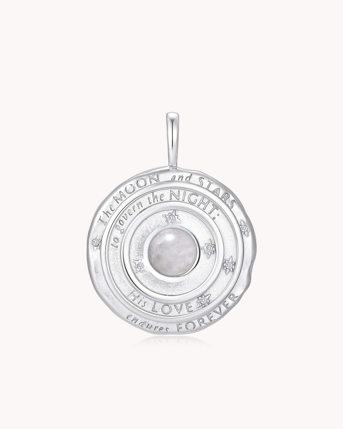 The Moon and Stars Psalm 136:9 White Gold Moonstone Medallion