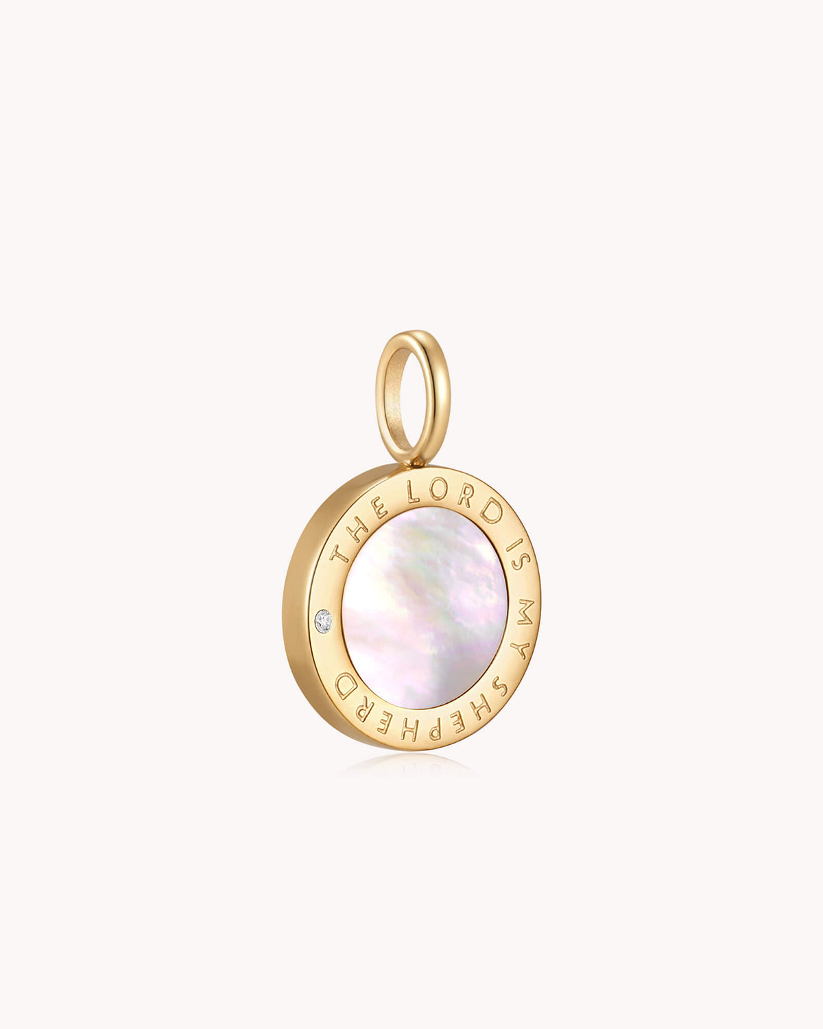 Angled view of The LORD Is My Shepherd Psalm 23 Alabaster Gold Pendant