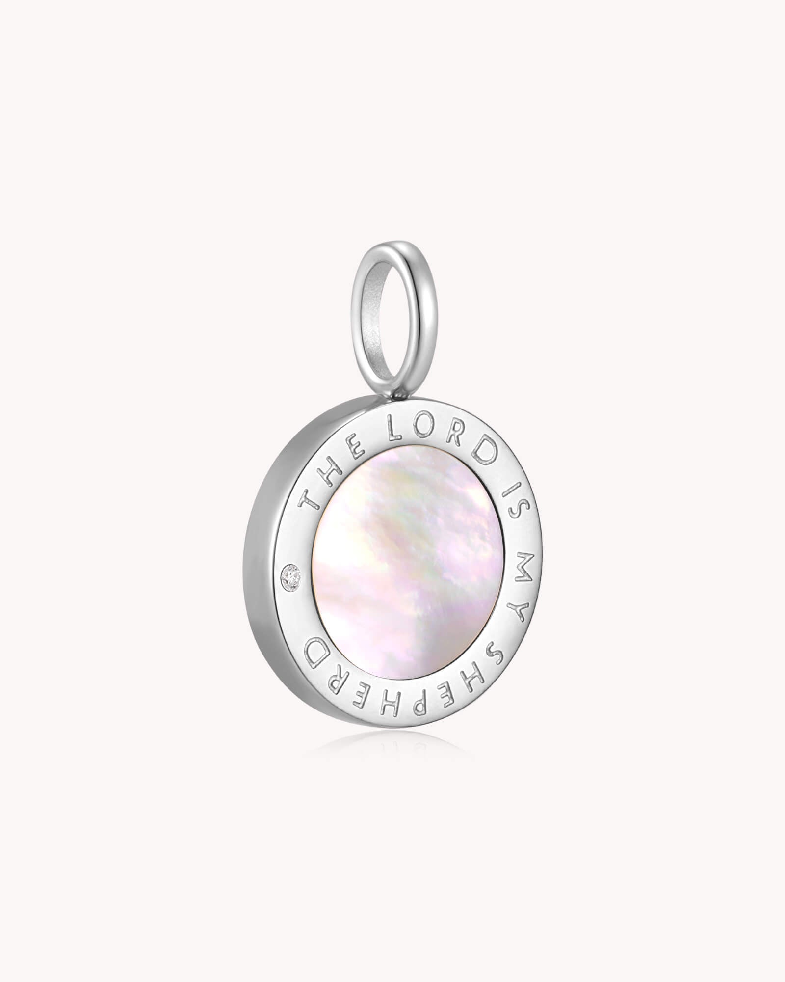 Angled view of The LORD Is My Shepherd Psalm 23 White Gold Pendant