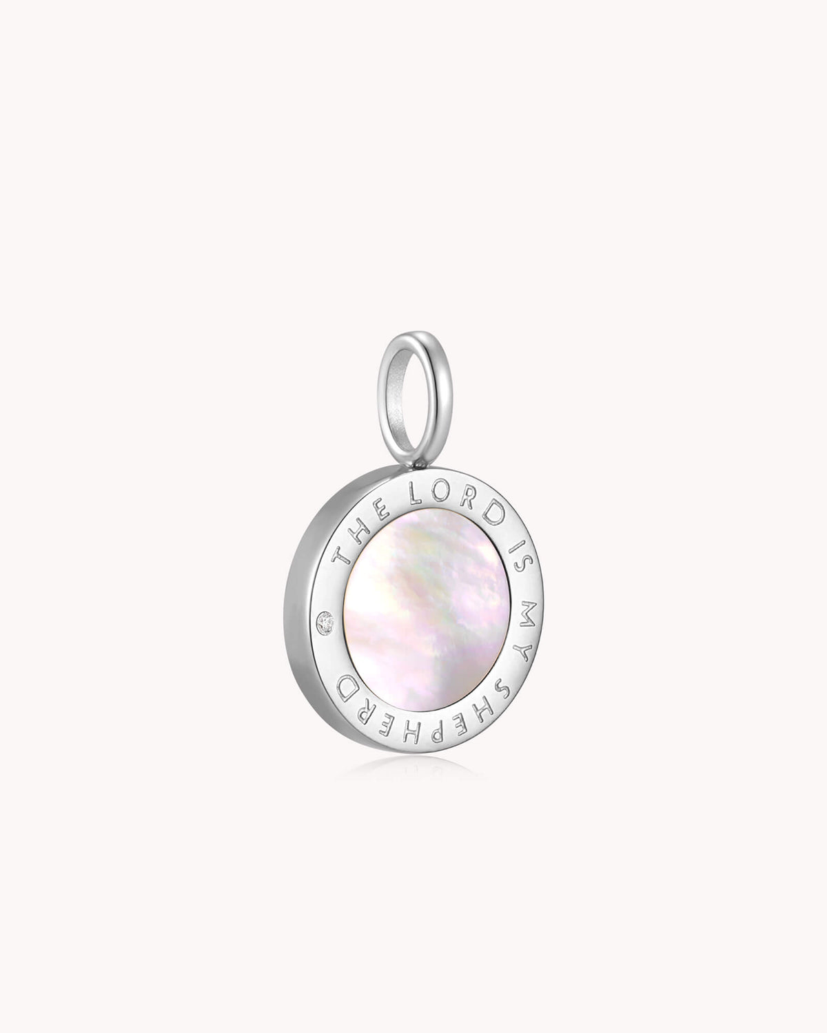 Angled view of The LORD Is My Shepherd Psalm 23 White Gold Pendant