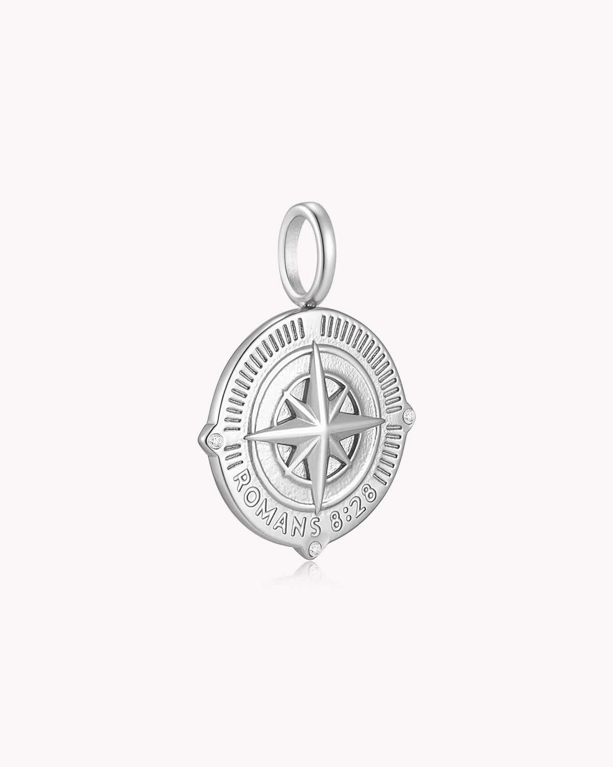 Angled view of Called According to His Purpose Romans 8:28 Stainless Steel Pendant