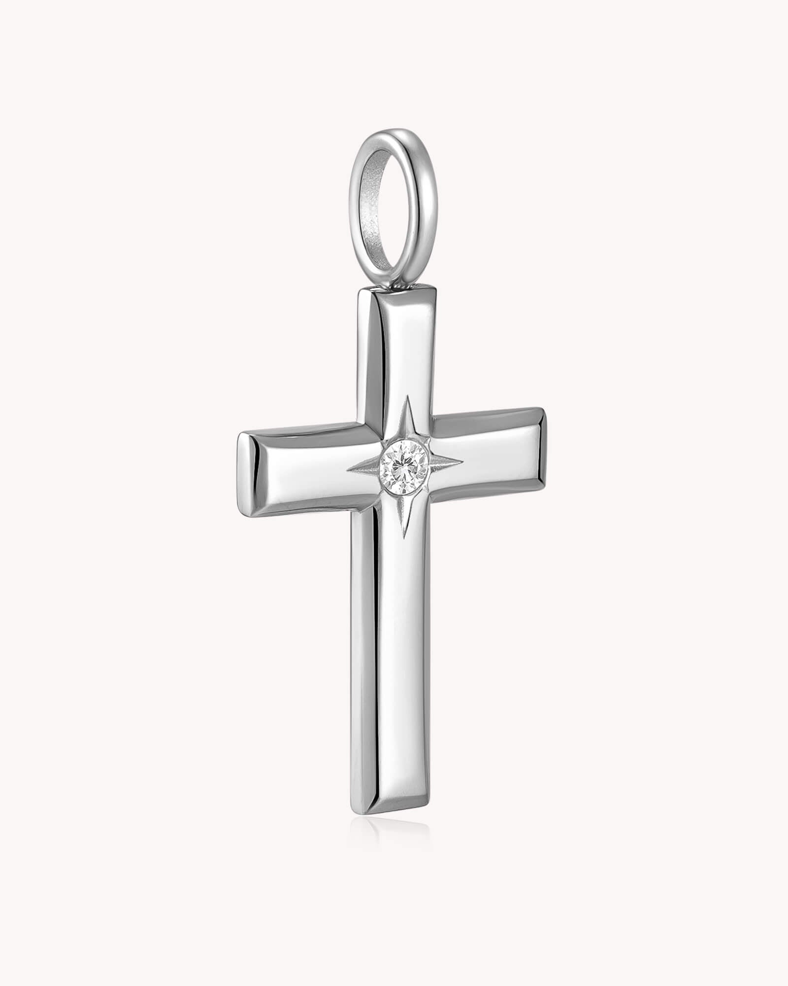 Angled view of The Bright Morning Star Stainless Steel Large Cross Pendant