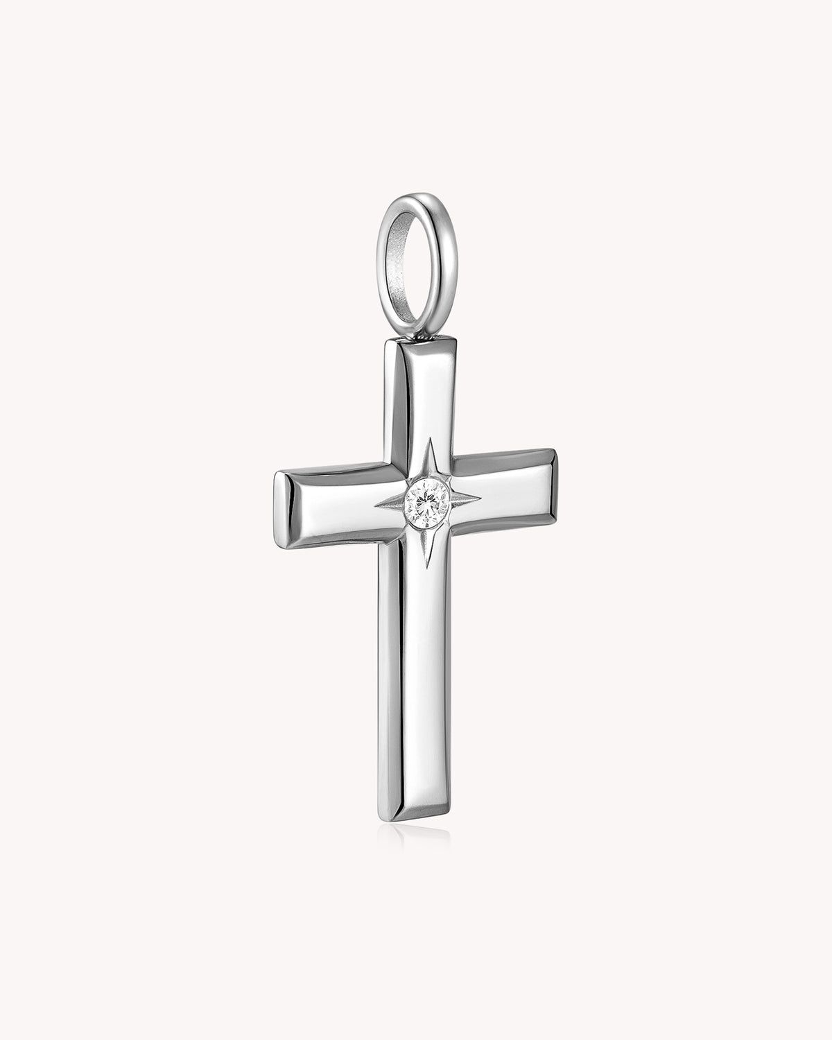 Angled view of The Bright Morning Star Stainless Steel Large Cross Pendant