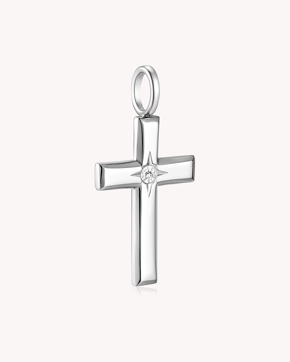 Angled view of The Bright Morning Star White Gold Large Cross Pendant