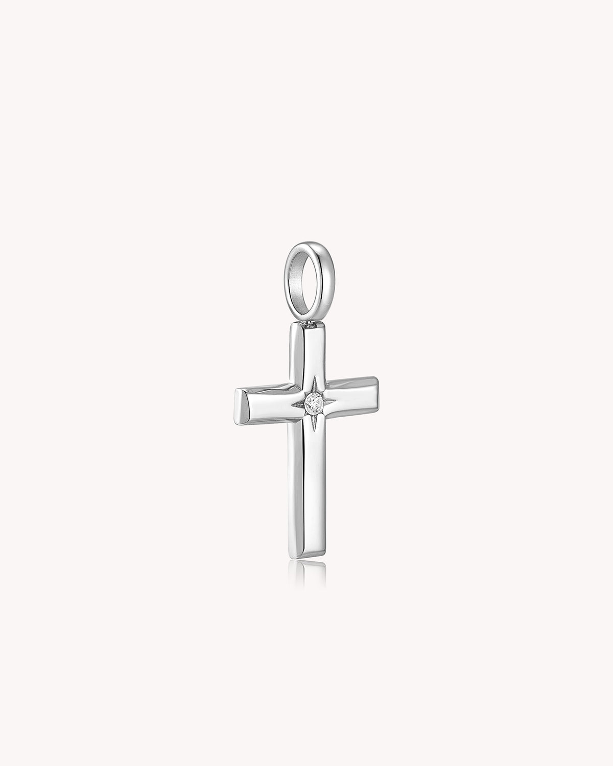 Angled view of The Bright Morning Star White Gold Cross Pendant