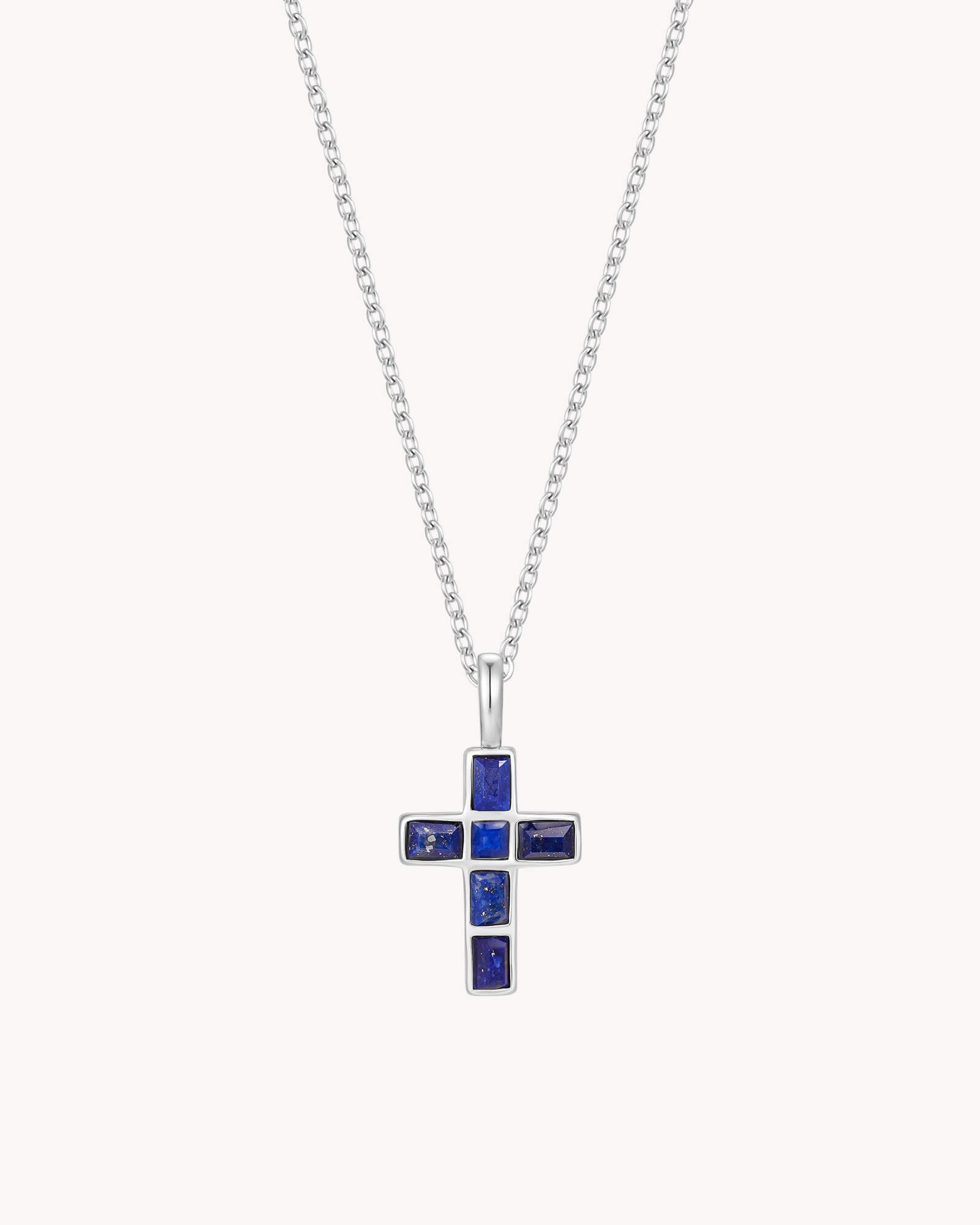 White Gold Mosaic Lapis Lazuli Cross Cable Chain Necklace
