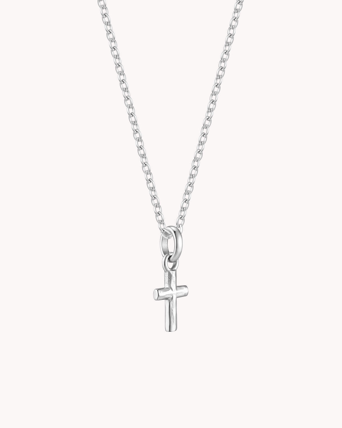 Angled view of White Gold Petite Textured Cross Cable Chain Necklace
