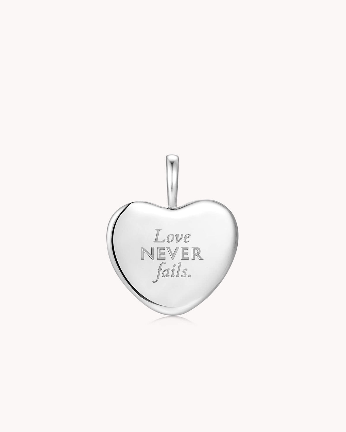 Back of Love Never Fails 1 Corinthians 13:8 White Gold Heart Pendant