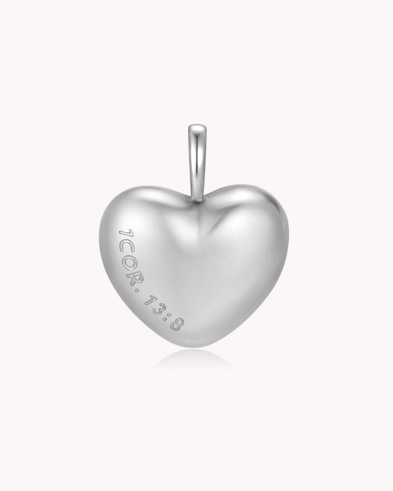 Love Never Fails 1 Corinthians 13:8 White Gold Heart Pendant