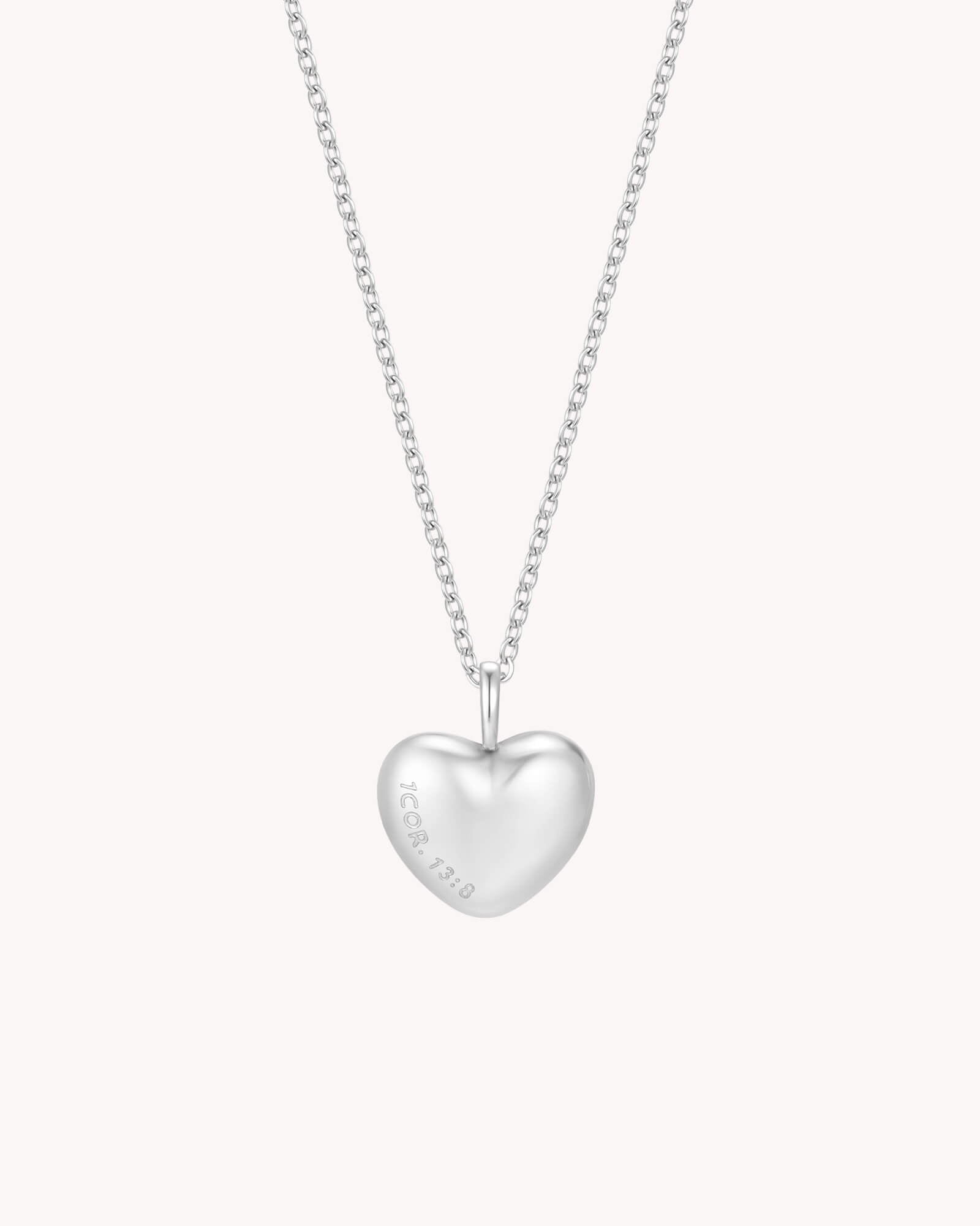 1 Corinthians 13:8 Love Never Fails White Gold Heart Necklace